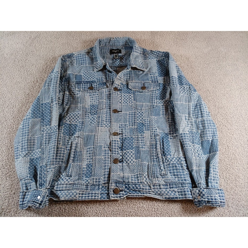 Forever 21 Men Patchwork Denim Trucker Jacket Blue Checker Button Front Medium